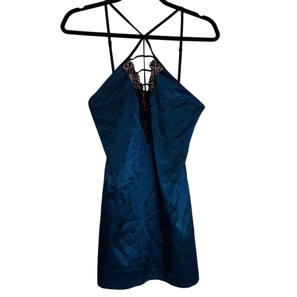 La Senza Deep Teal Satin & Black Lace Strappy Halter Cami Slip Top Y2K Boudoir